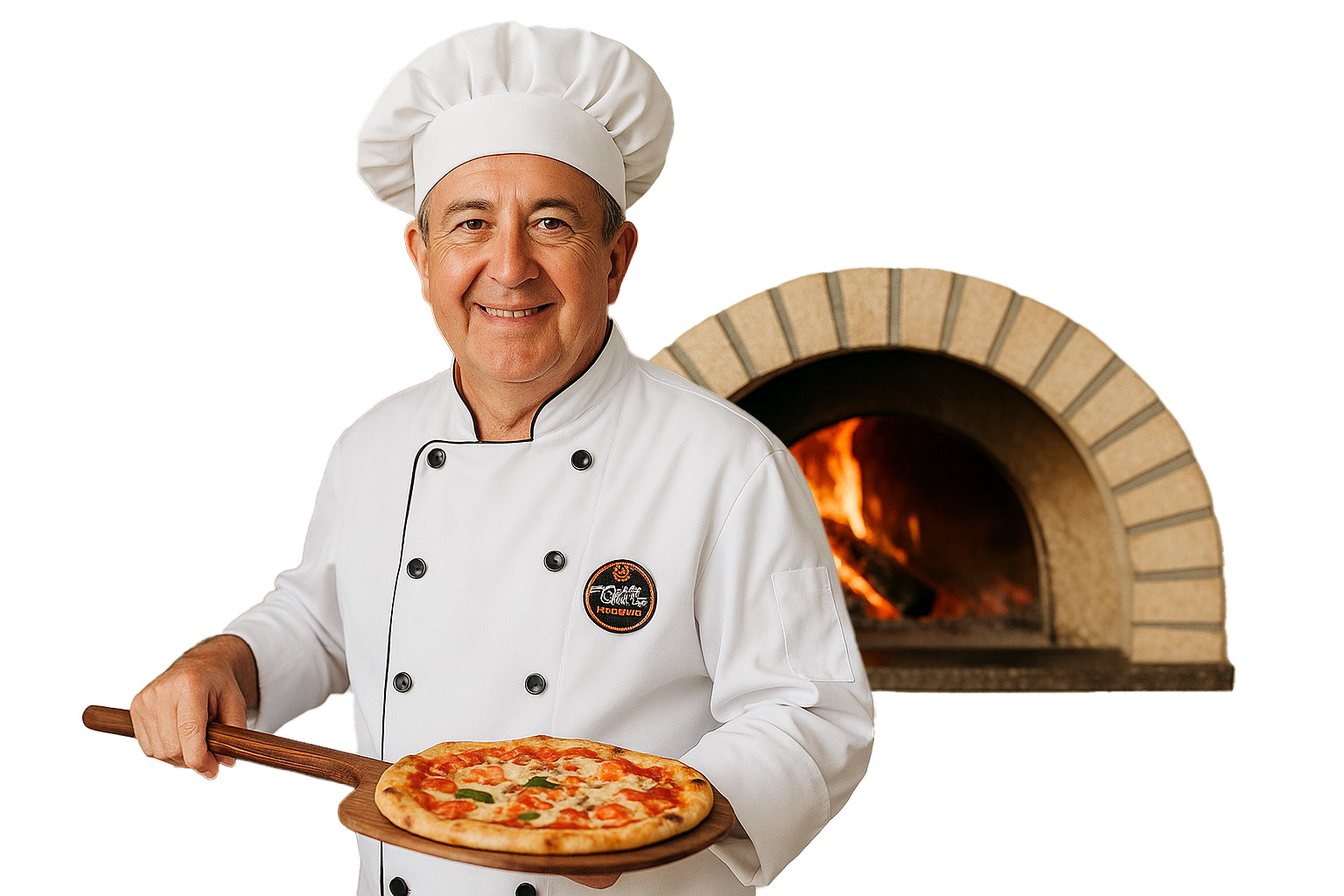 Pizzaiolo experiente com pizza margherita em forno a lenha tradicional